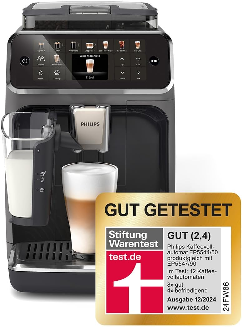 Serie 5500 Kaffeevollautomat EP5544/50– LatteGo Milchsystem,20 heiße und kalte Kaffeespezialitäten,40% leiser mit SilentBrew,Grau